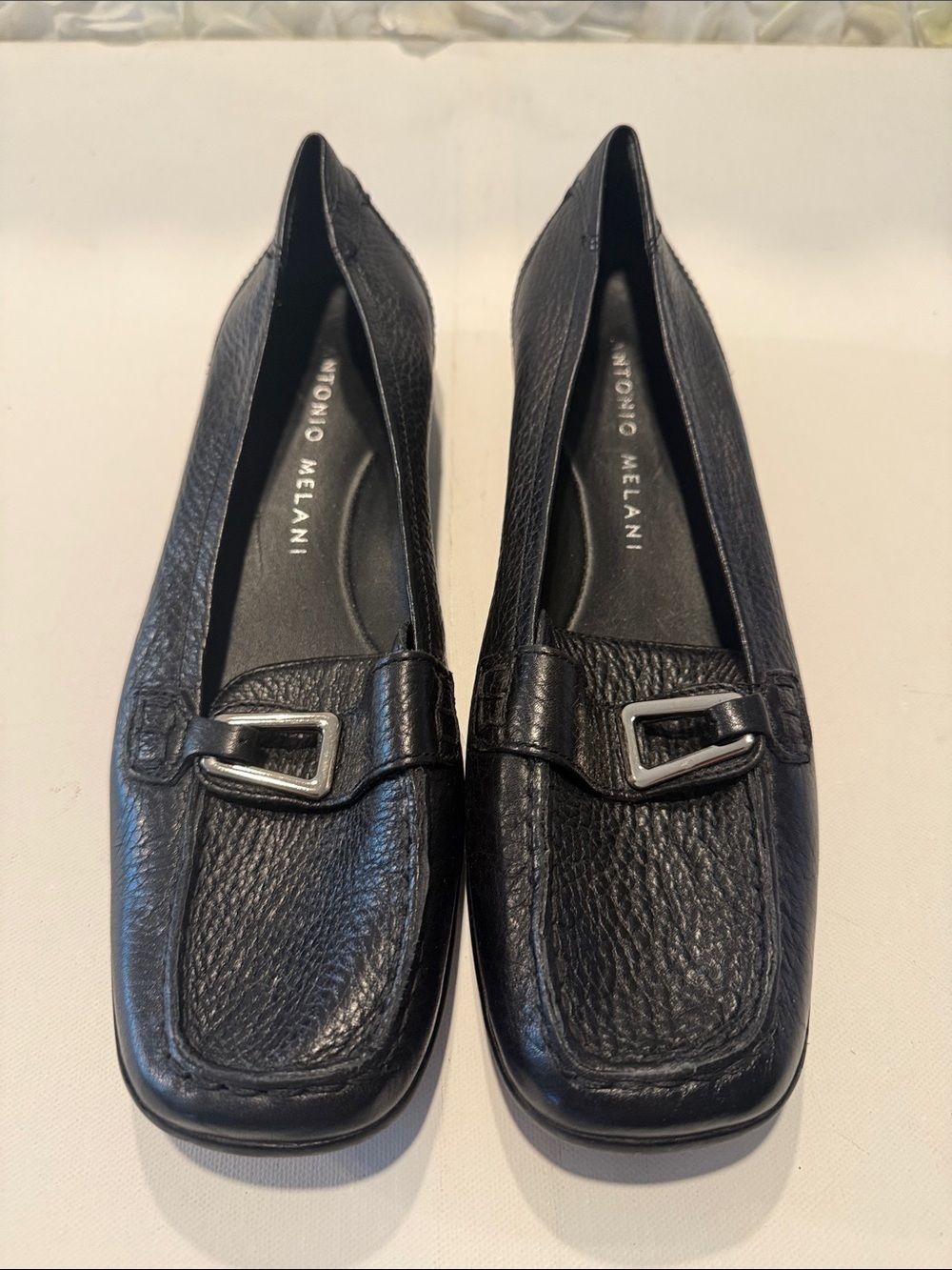 ANTONIO MELANI Black Pebbled Leather Loafers with Silver Buckle